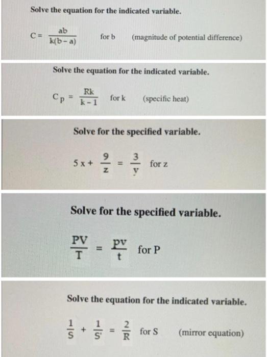 Solved Solve The Equation For The Indicated Variable. Ab C= | Chegg.com