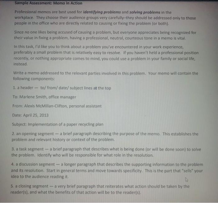 Sample Assessment: Memo in Action Professional memos | Chegg.com