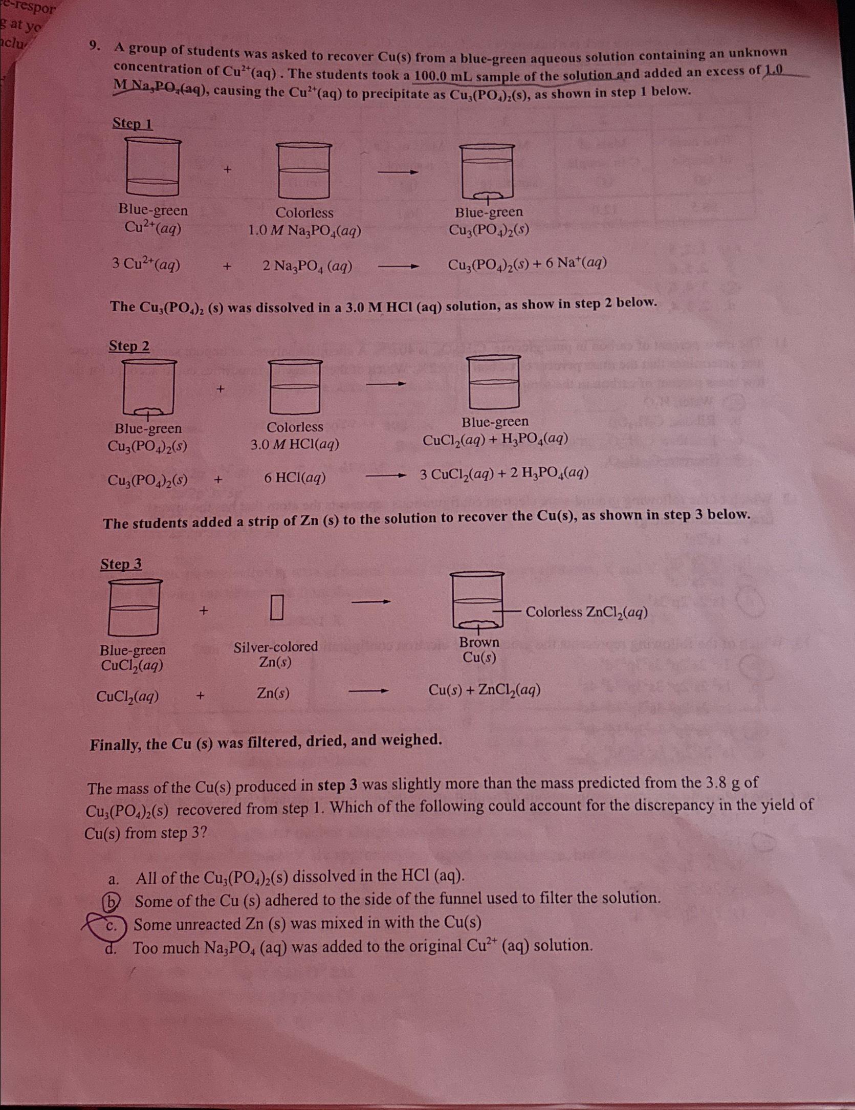 Solved A group of students was asked to recover Cu(s) ﻿from | Chegg.com