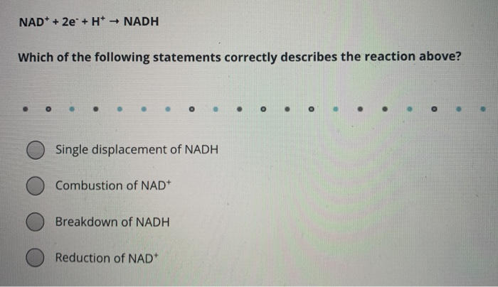 Solved Nad+ + 2E + H+ + Nadh Which Of The Following | Chegg.com Solved Nad+ + 2E + H+ + Nadh Which Of The Following | Chegg.com