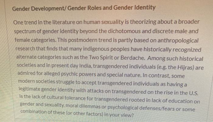 Solved Gender Development/Gender Roles And Gender Identity | Chegg.com