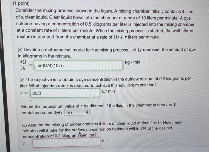 point)
Consider the mixing process shown in the figure. A mixing chamber initially contains 4 liters of a clear liquid. Clear