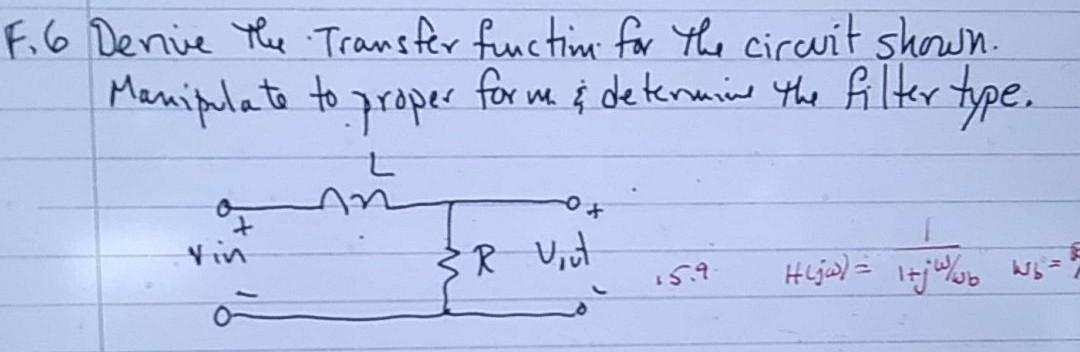 Solved F. 6 Derive The Transfer function for the circuit | Chegg.com