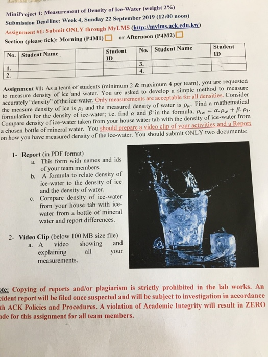 Solved Miniproject 1 Measurement Of Density Of Ice Water Chegg Com