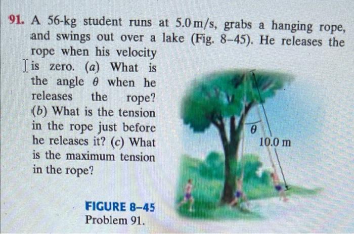 Solved 91. A 56-kg student runs at 5.0 m/s, grabs a hanging | Chegg.com
