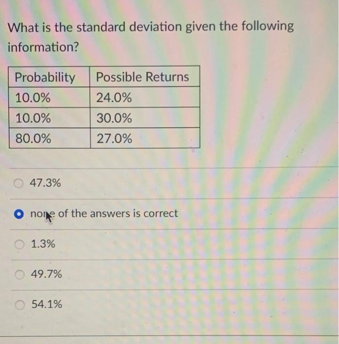 Solved What is the standard deviation given the following | Chegg.com