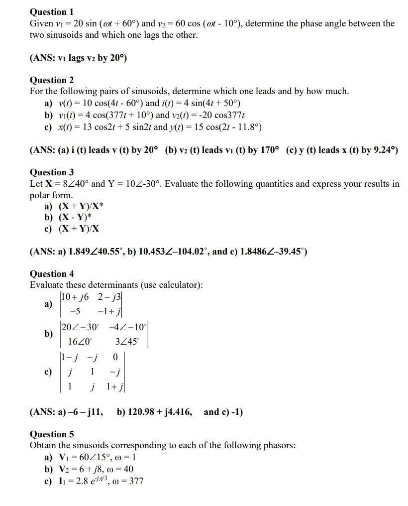 Solved Question 1 Given vi = 20 sin (ot + 60°) and v2 = 60 | Chegg.com