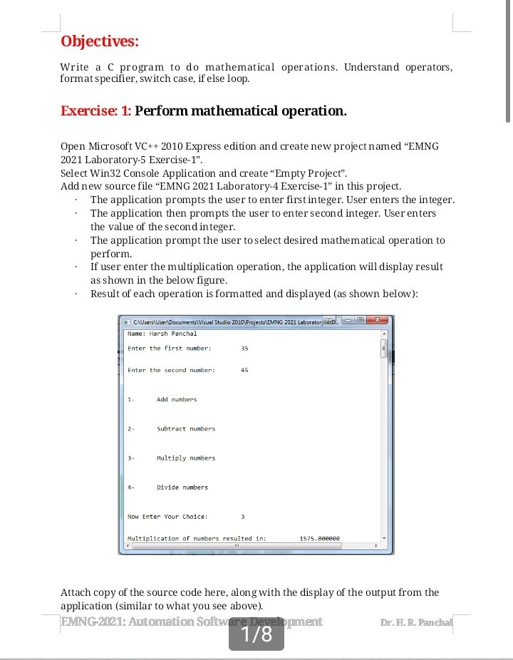 Solved Objectives: Write a C program to do mathematical | Chegg.com