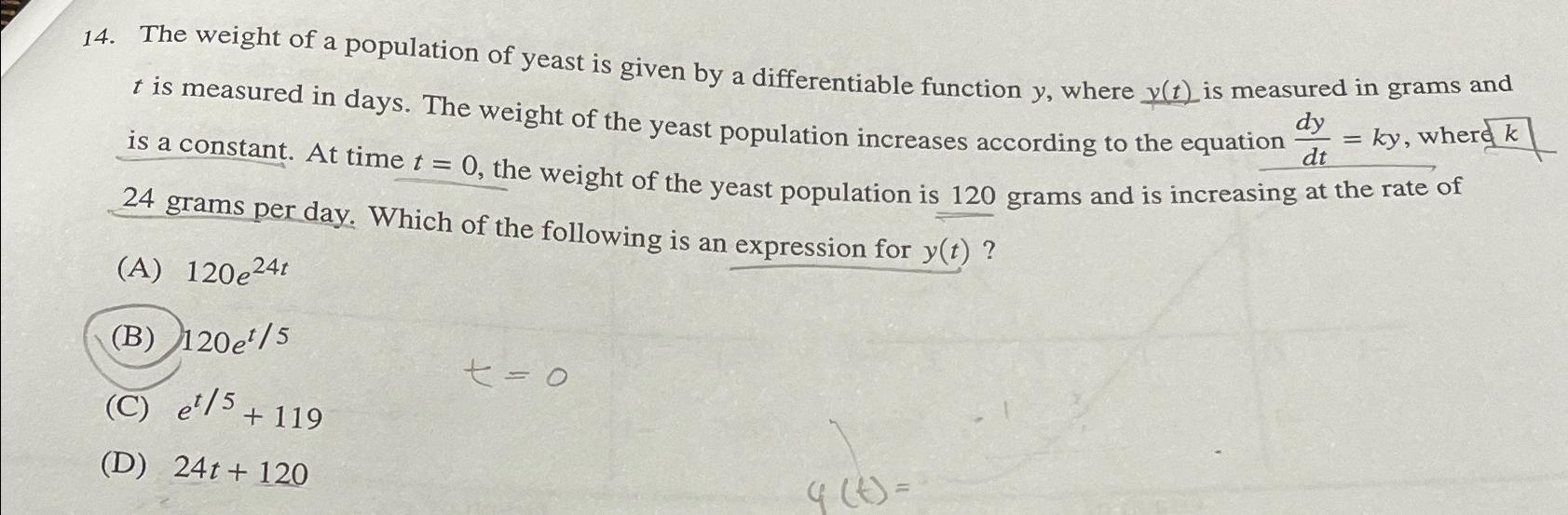Solved The weight of a population of yeast is given by a | Chegg.com