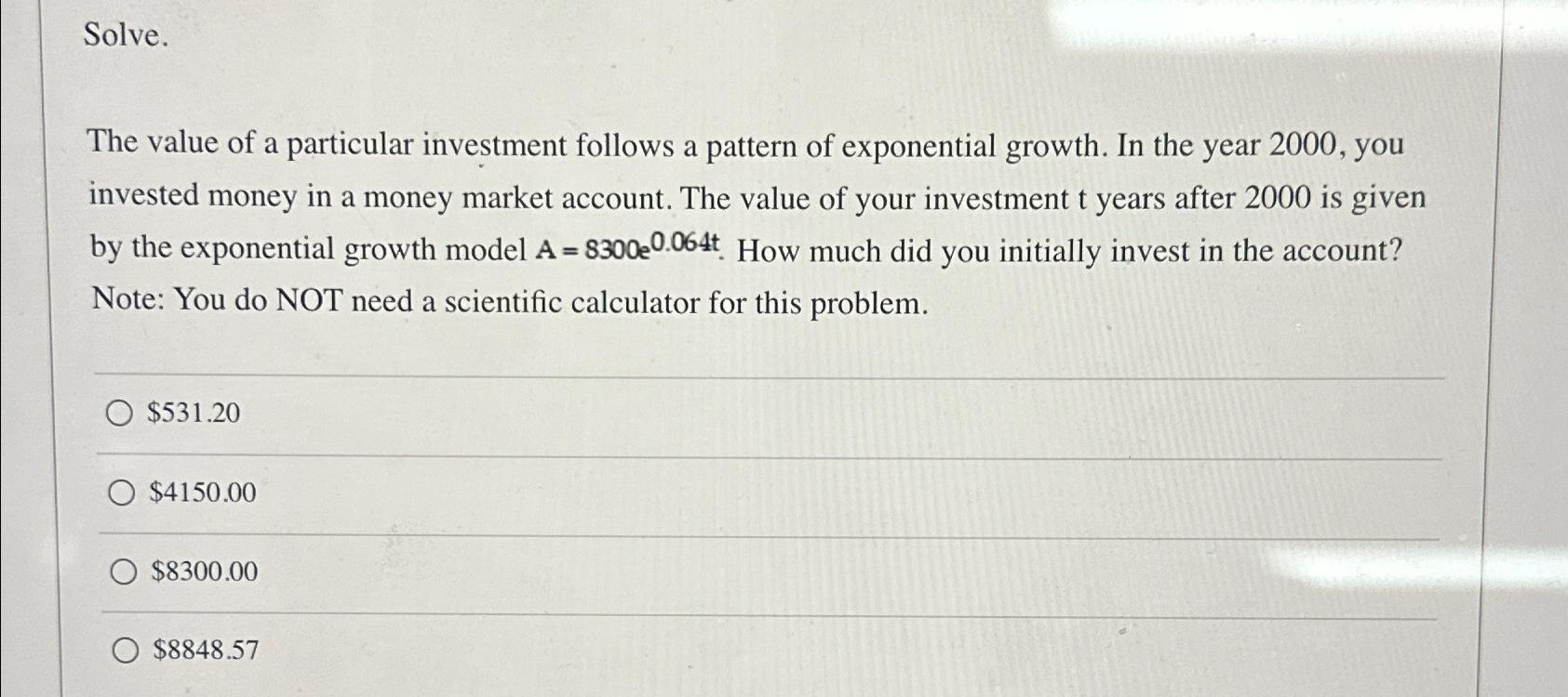 Solved Solve.The value of a particular investment follows a | Chegg.com