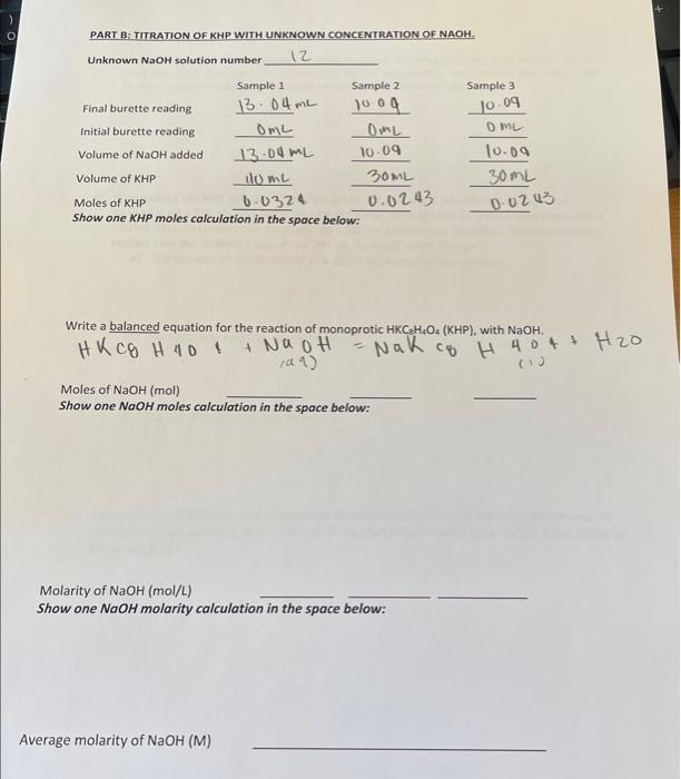 Solved PART B: TITRATION OF KHP WITH UNKNOWN CONCENTRATION | Chegg.com
