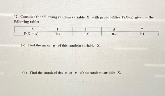 Solved #2. Consider the following random variable X with | Chegg.com