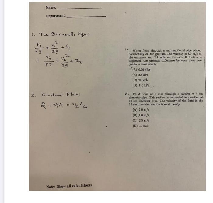 Solved Name Department 1 The Bernoulli Equ P S9 2 Chegg Com