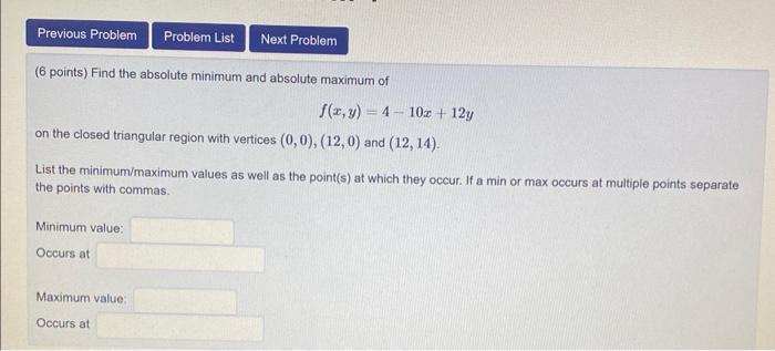 Solved (6 points) Find the absolute minimum and absolute | Chegg.com