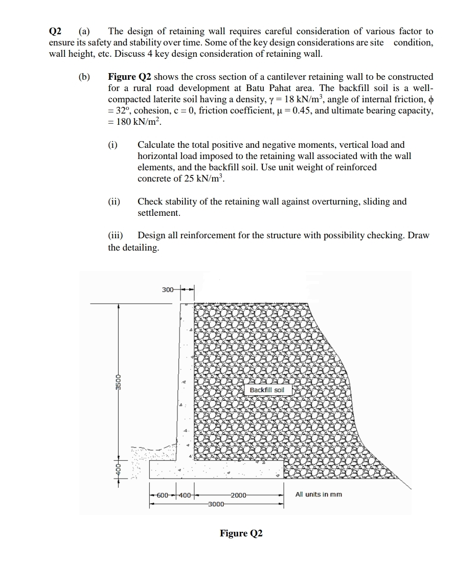 Solved Q2 (a) ﻿The design of retaining wall requires careful | Chegg.com