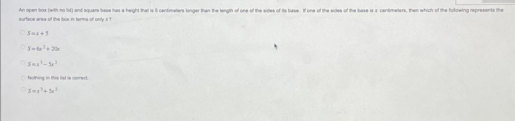 Solved surface area of the box in terms of only | Chegg.com