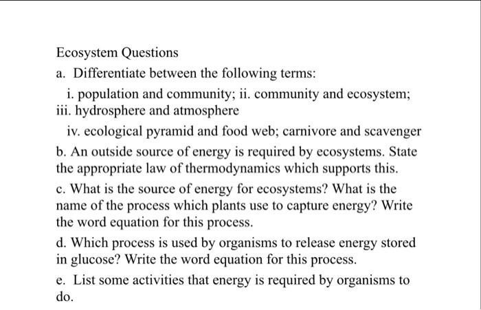 Solved Ecosystem Questions A. Differentiate Between The | Chegg.com