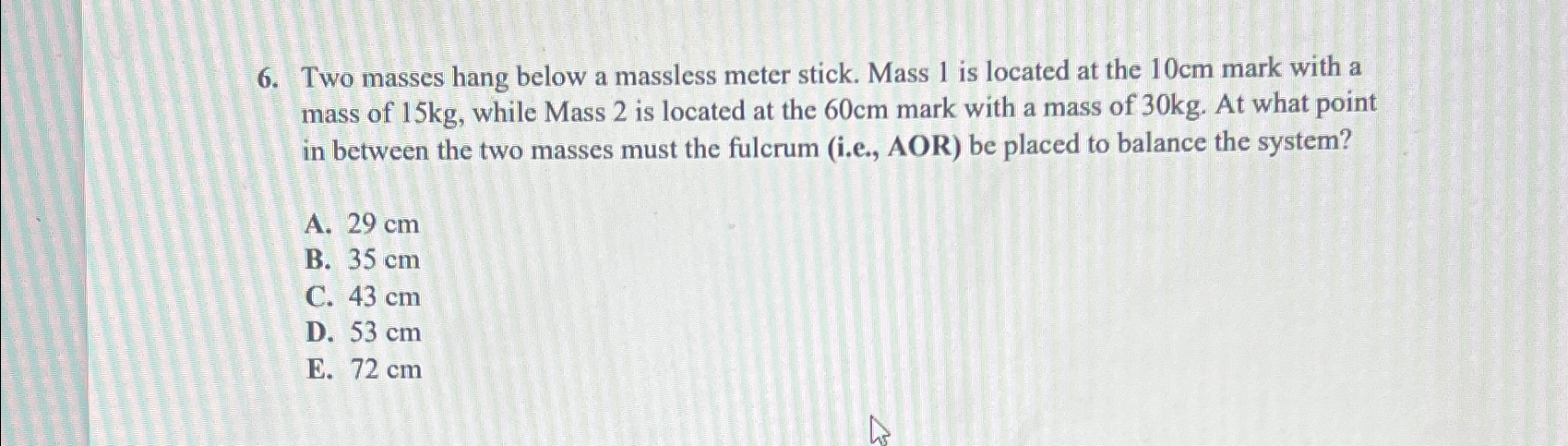 Solved Two masses hang below a massless meter stick. Mass 1 | Chegg.com
