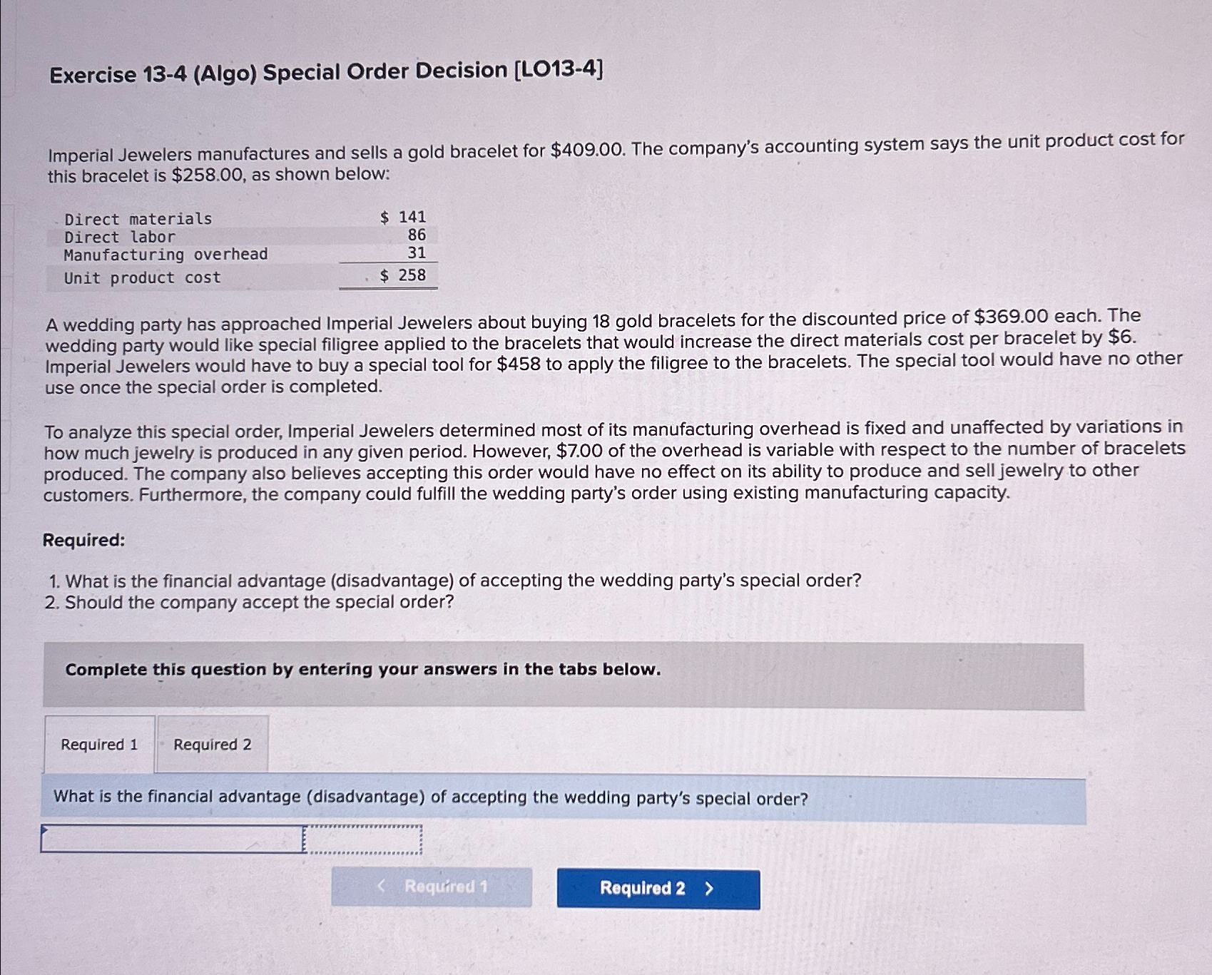 Solved Exercise 13-4 (Algo) ﻿Special Order Decision | Chegg.com