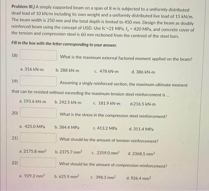 Solved Problem III.) A simply supported beam on a span of 8 | Chegg.com