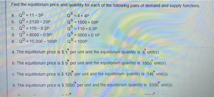 Solved Find the equilibrium price and quantity for each of | Chegg.com