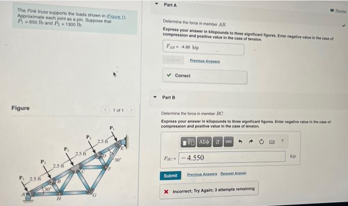 Solved The Fink truss supports the loads shown in (Ejpure 1 | Chegg.com