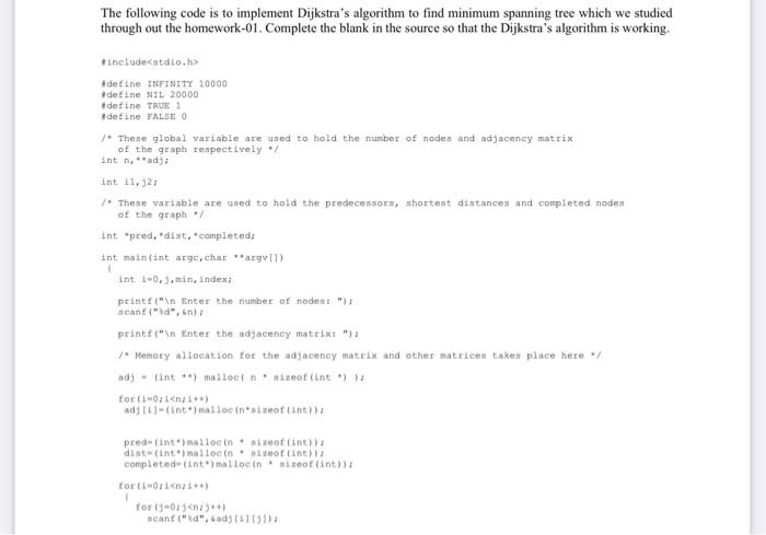 Solved The following code is to implement Dijkstra's | Chegg.com