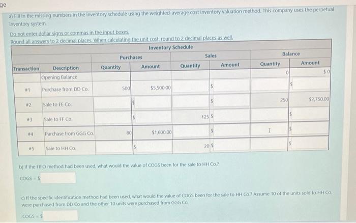 Solved ge a) Fill in the missing numbers in the inventory | Chegg.com