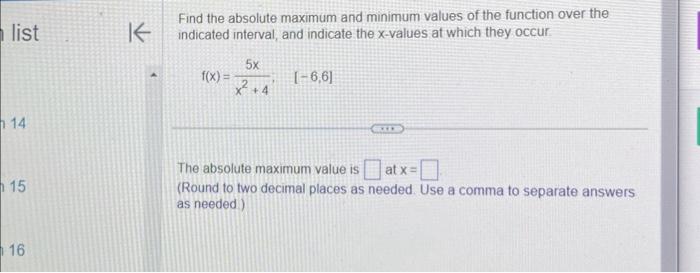 Solved list K Find the absolute maximum and minimum values | Chegg.com