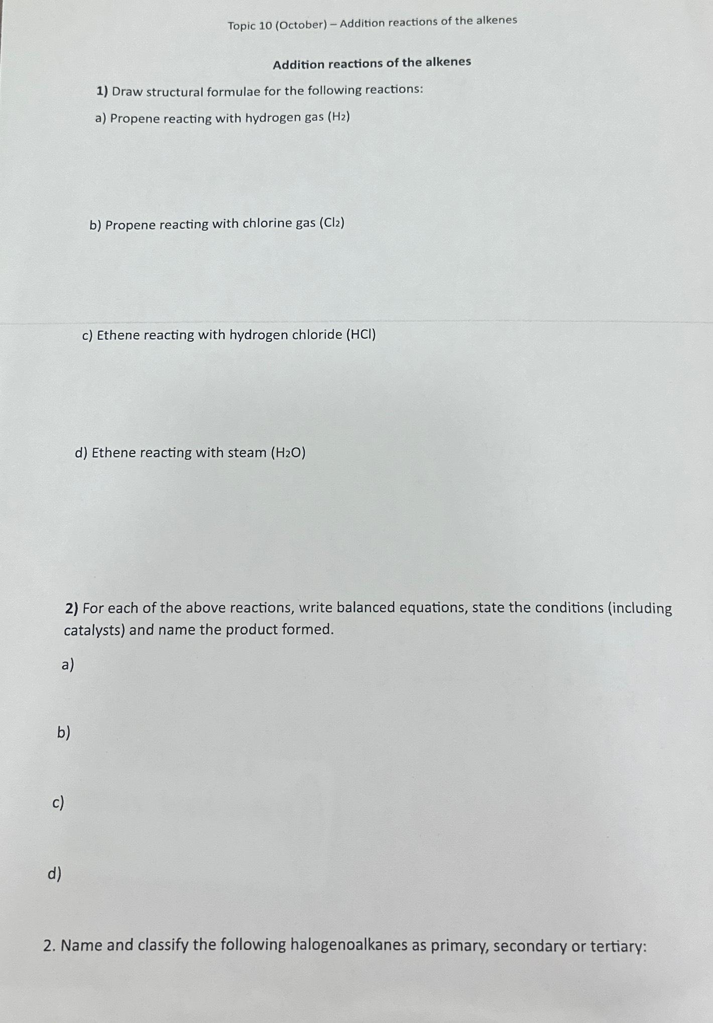 Solved Topic 10 (October) - ﻿Addition reactions of the | Chegg.com