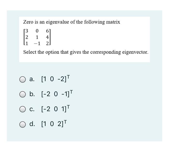 Solved Zero is an eigenvalue of the following matrix 13 0 6 | Chegg.com
