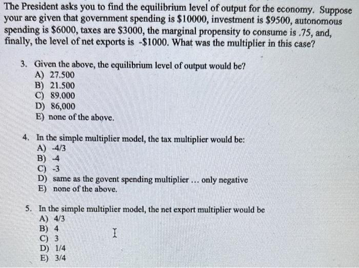 Solved The President asks you to find the equilibrium level | Chegg.com