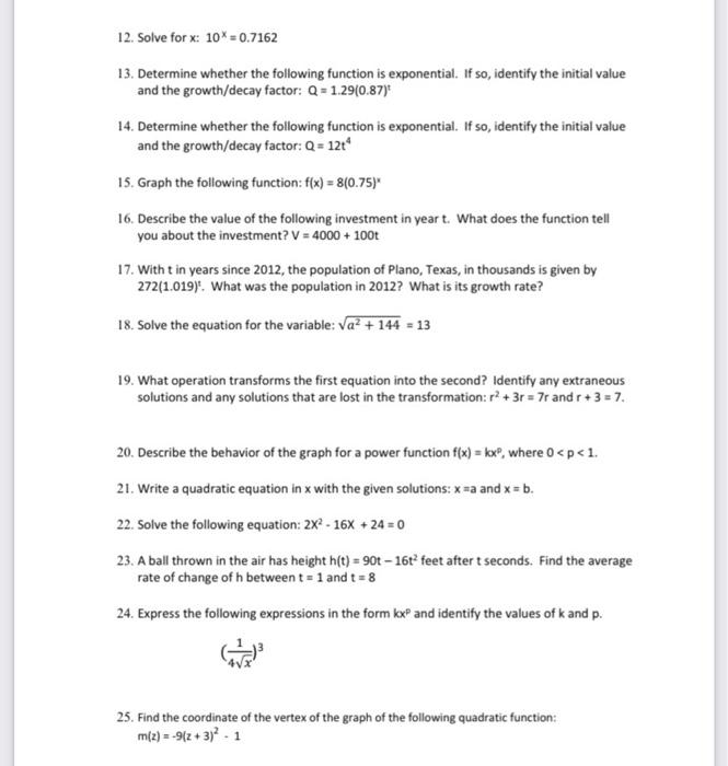 Solved please help with algebra and answer all questions | Chegg.com
