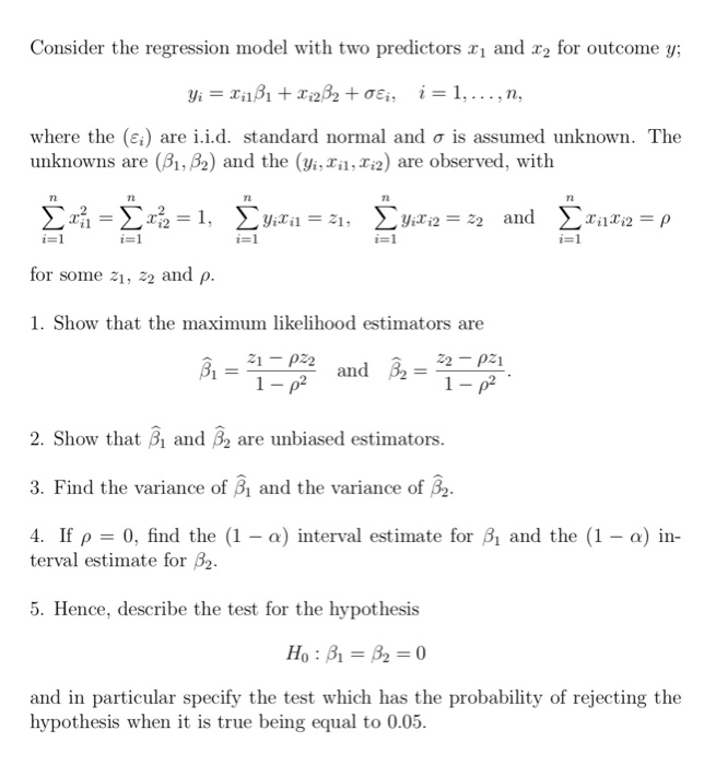 Solved Consider The Regression Model With Two Predictors X | Chegg.com