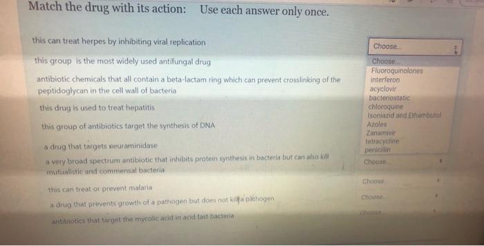 Solved Match the drug with its action: Use each answer only | Chegg.com
