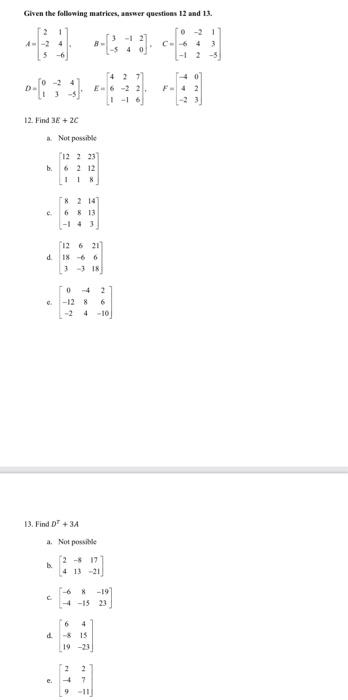 Solved Given the following matrices, ansuer questions 12 and | Chegg.com