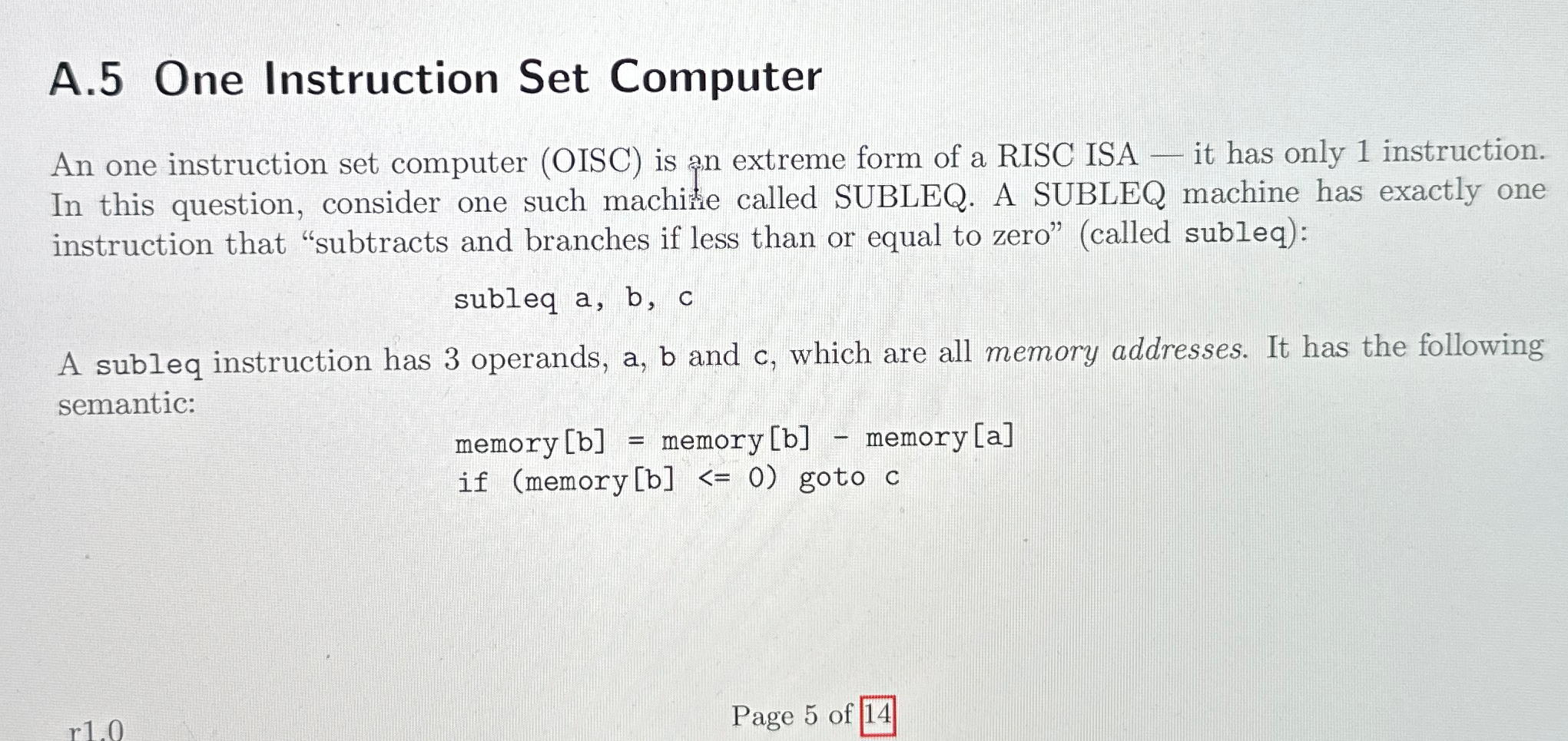 Solved A. 5 ﻿One Instruction Set ComputerAn one instruction | Chegg.com