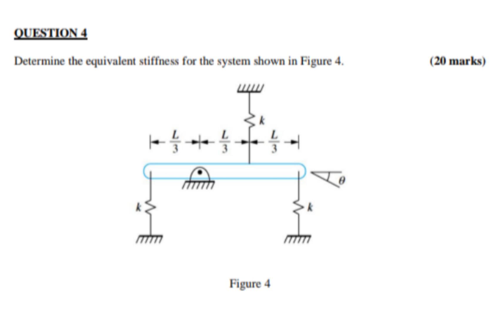 Determine the equivalent stiffness for the system shown in Figure \( 4 . \)
Figure 4