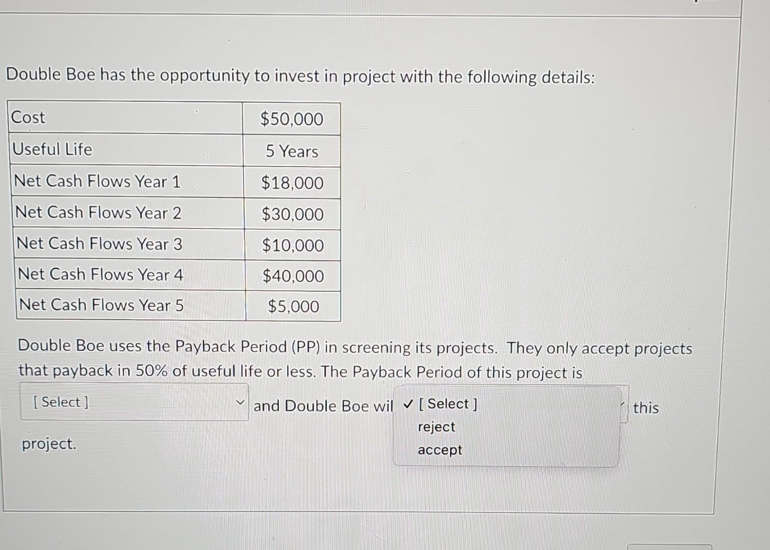 Solved Double Boe has the opportunity to invest in project