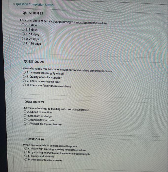 Solved Question Completion Status: QUESTION 27 For concrete | Chegg.com