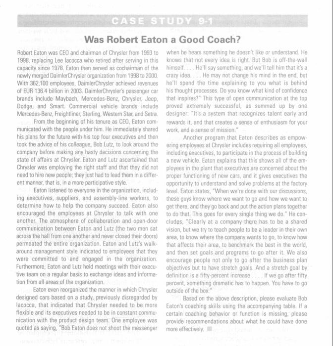 Solved CASE STUDY 91 Was Robert Eaton a Good Coach? Robert