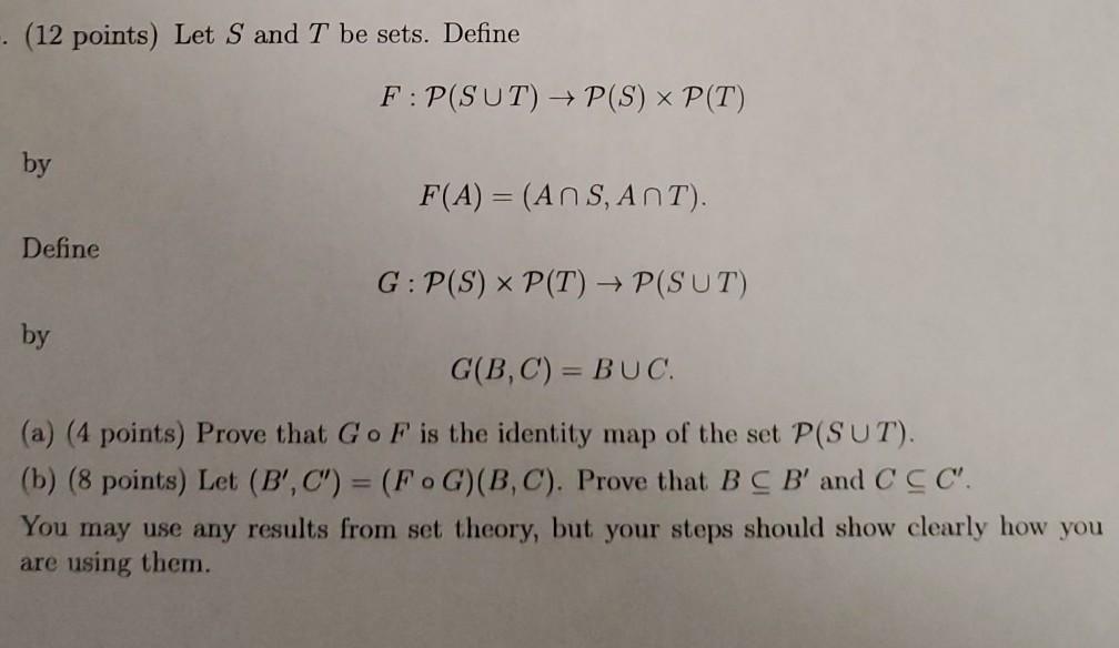 Solved 12 Points Let S And T Be Sets Define F P Sut Chegg Com