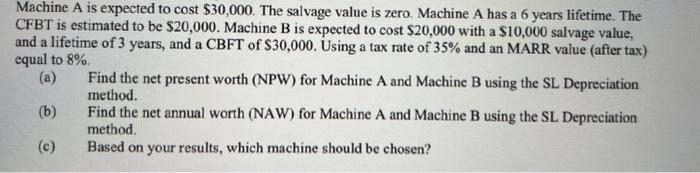 Solved Machine A is expected to cost $30,000. The salvage | Chegg.com