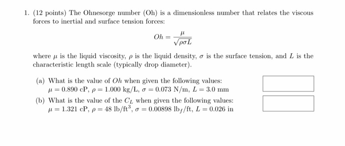 Solved 1 12 Points The Ohnesorge Number Oh Is A Dime Chegg Com