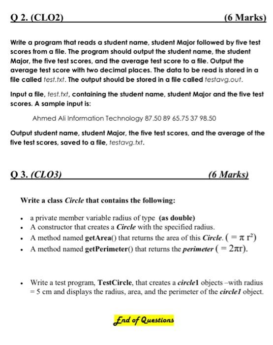 Solved Q2. (CLO2) (6 Marks) Write a program that reads a | Chegg.com