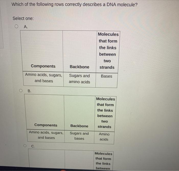 Solved Which of the following rows correctly describes a DNA | Chegg.com