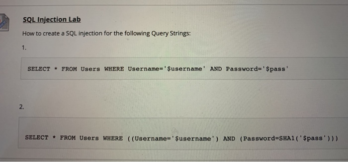 Solved SQL Injection Lab How to create a SQL injection for | Chegg.com