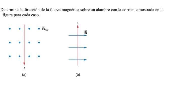 Determine la dirección de la fuerza magnética sobre un alambre con la corriente mostrada en la figura para cada caso. (a) (b)