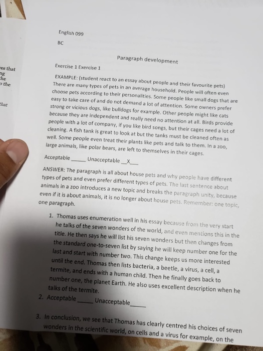 Solved English 099 BC Paragraph development es that Exercise 
