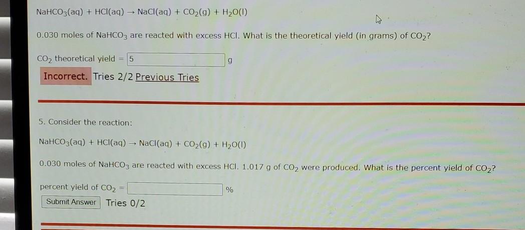 Solved NaHCO3(aq) + HCl(aq) - NaCl(aq) + CO2(g) + H2001 | Chegg.com